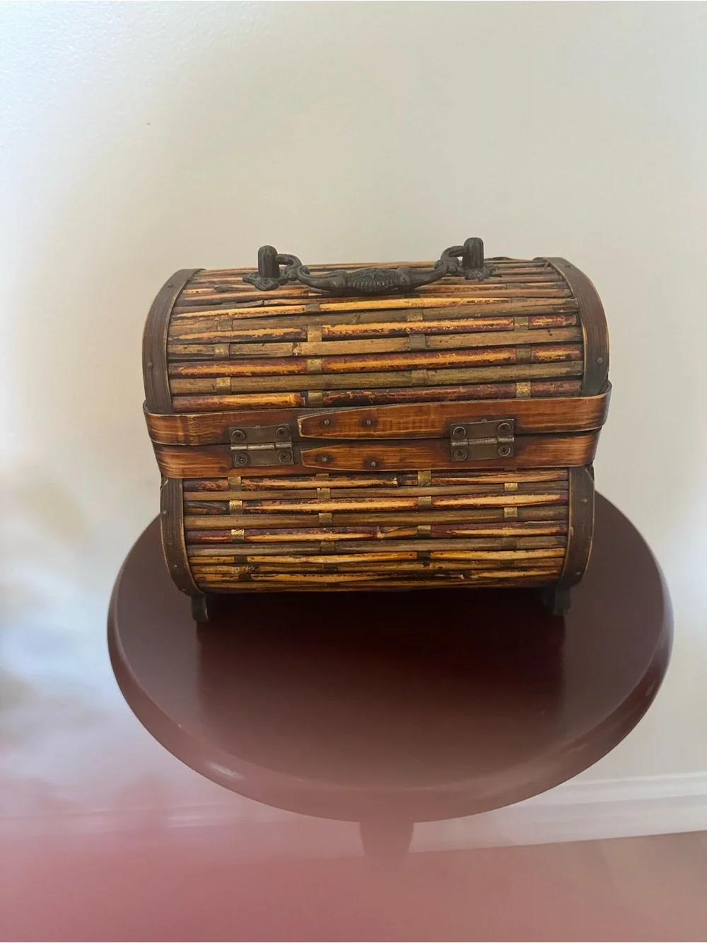 Vintage Handmade Jewelry Chest Bamboo, Wood, Metal. 7”